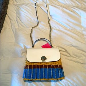 kate spade romy wicker optic white and blue purse
